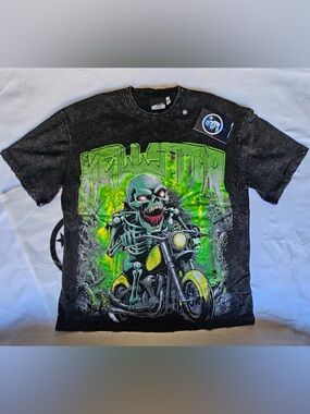 Hellstar Black Graphic Skull Motorcycle Tee - Green Accent